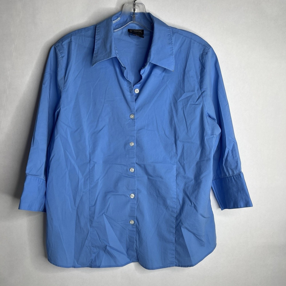 George Button Up Shirt Women's Size L Spa Blue Stretch 3/4 Sleeve Shirt